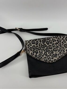 Jen & Co Sloane Black Leopard Print Flap and Whipstitch Trim Crossbody